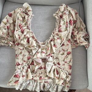 Free People Red Ruffled Smocked Blouse